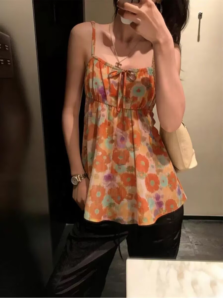 你好卡農 簡約油畫印花小a字吊帶女夏2026新款度假風韓系休閑上衣