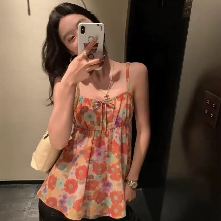 你好卡農 簡約油畫印花小a字吊帶女夏2026新款度假風韓系休閑上衣