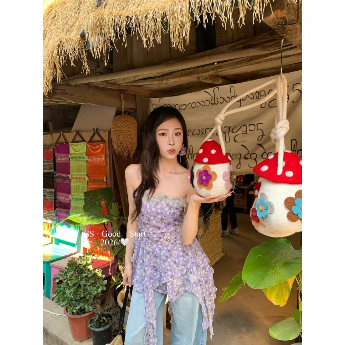 2026辣妹不規則飄帶碎花上衣女夏季新款設計感荷葉邊抹胸小衫上衣