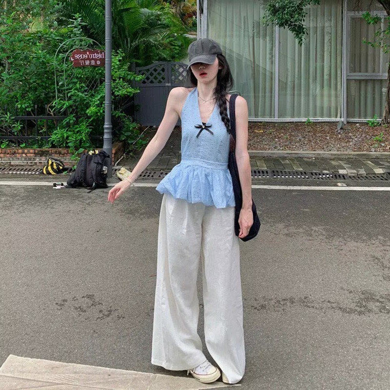 2026蝴蝶結露背氣質藍色波點掛脖吊帶背心夏季無袖花苞下擺上衣女