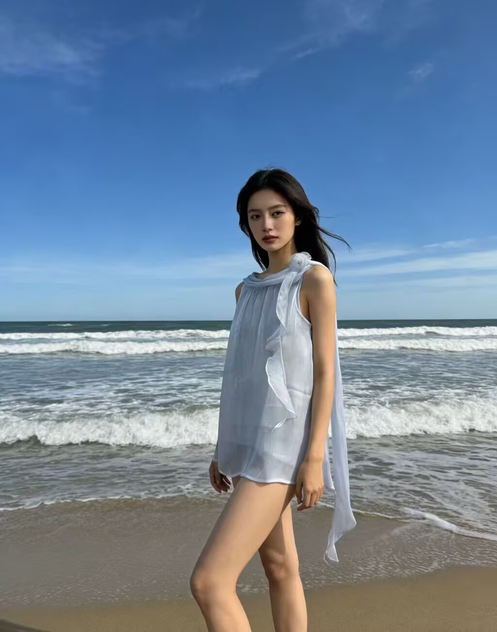 2026外穿荷葉邊掛脖吊帶背心夏季新款立體花朵小衫設計感雪紡衫潮