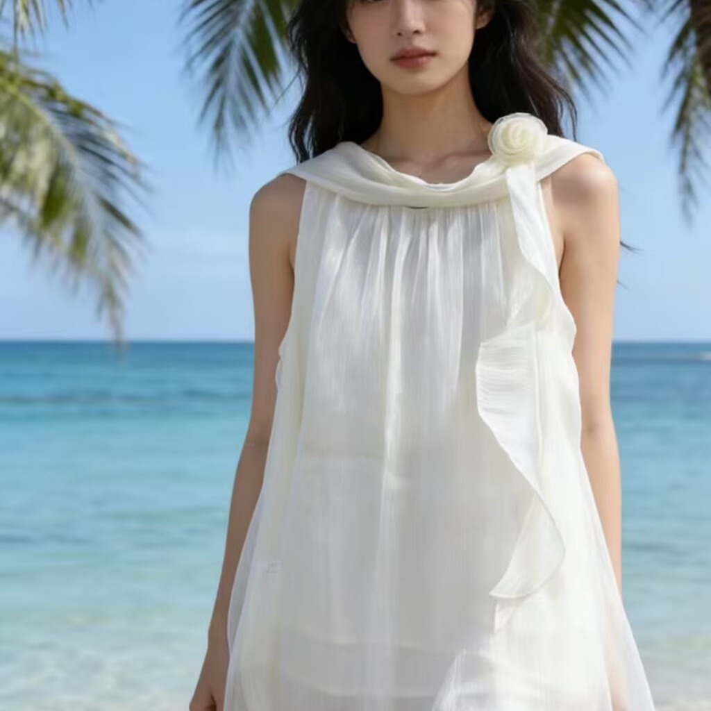 2026外穿荷葉邊掛脖吊帶背心夏季新款立體花朵小衫設計感雪紡衫潮