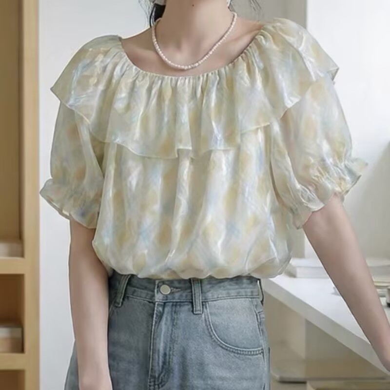 法式溫柔風一字肩雪紡襯衫女2026夏季新款甜美格紋荷葉邊上衣