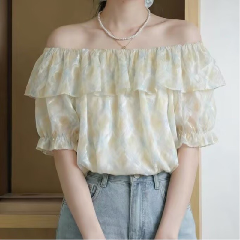 法式溫柔風一字肩雪紡襯衫女2026夏季新款甜美格紋荷葉邊上衣