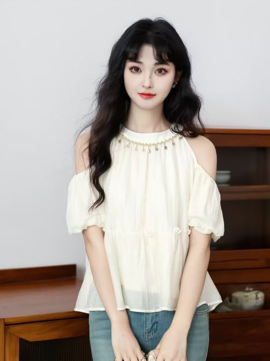 杏色露肩掛脖短袖襯衫女夏2026夏季新款法式泡泡袖娃娃衫襯衣上衣
