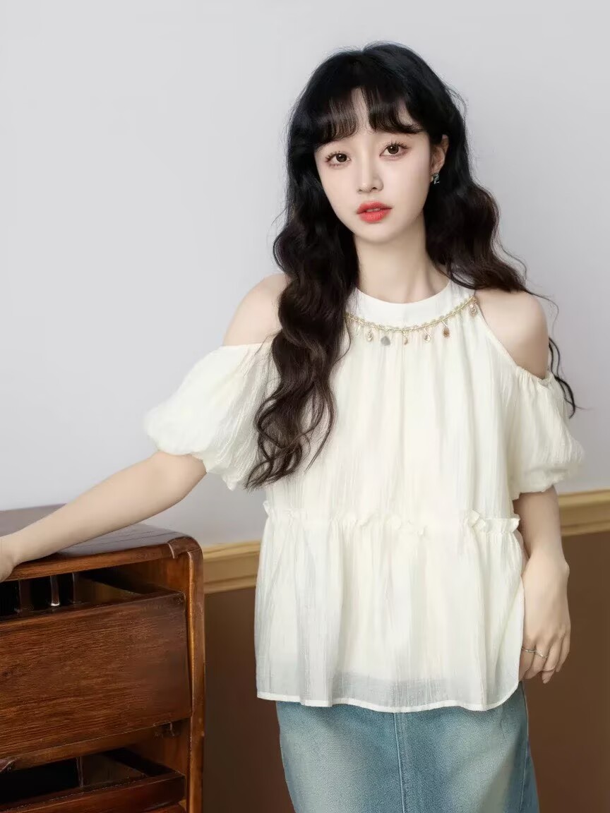 杏色露肩掛脖短袖襯衫女夏2026夏季新款法式泡泡袖娃娃衫襯衣上衣