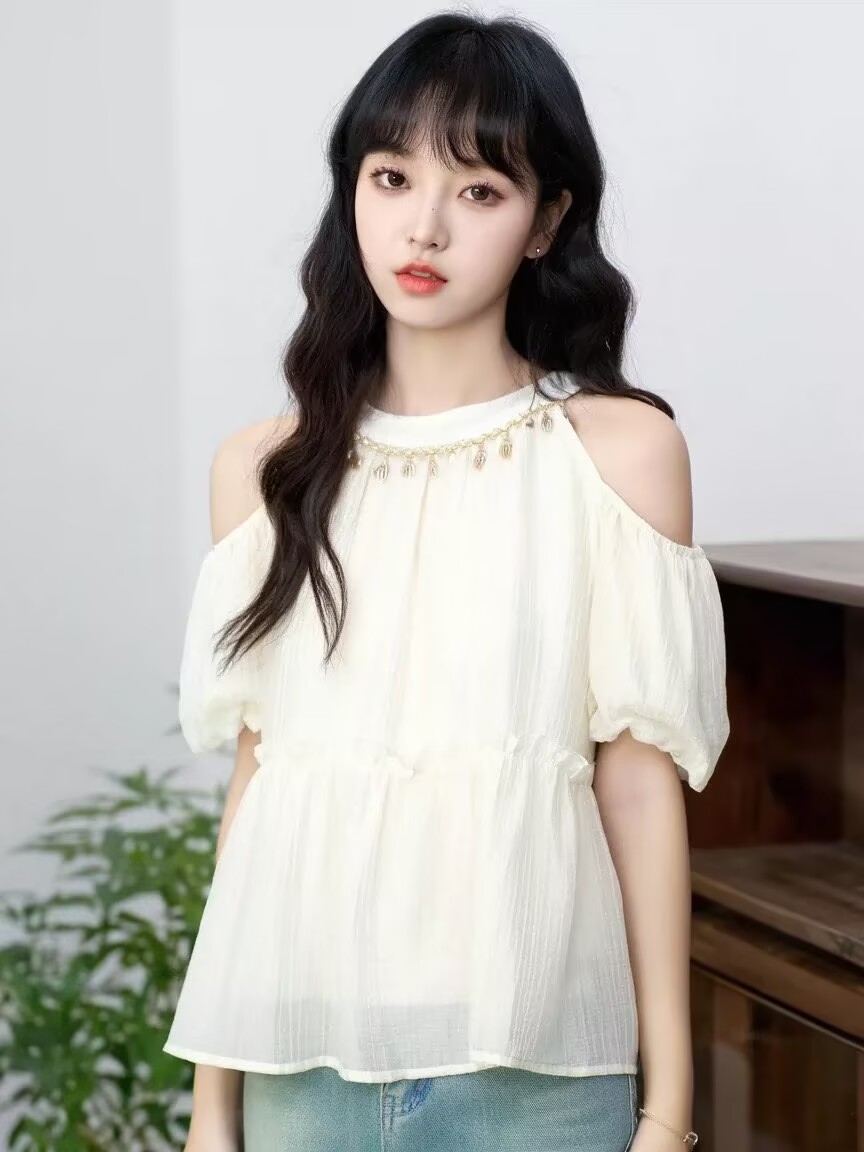 杏色露肩掛脖短袖襯衫女夏2026夏季新款法式泡泡袖娃娃衫襯衣上衣