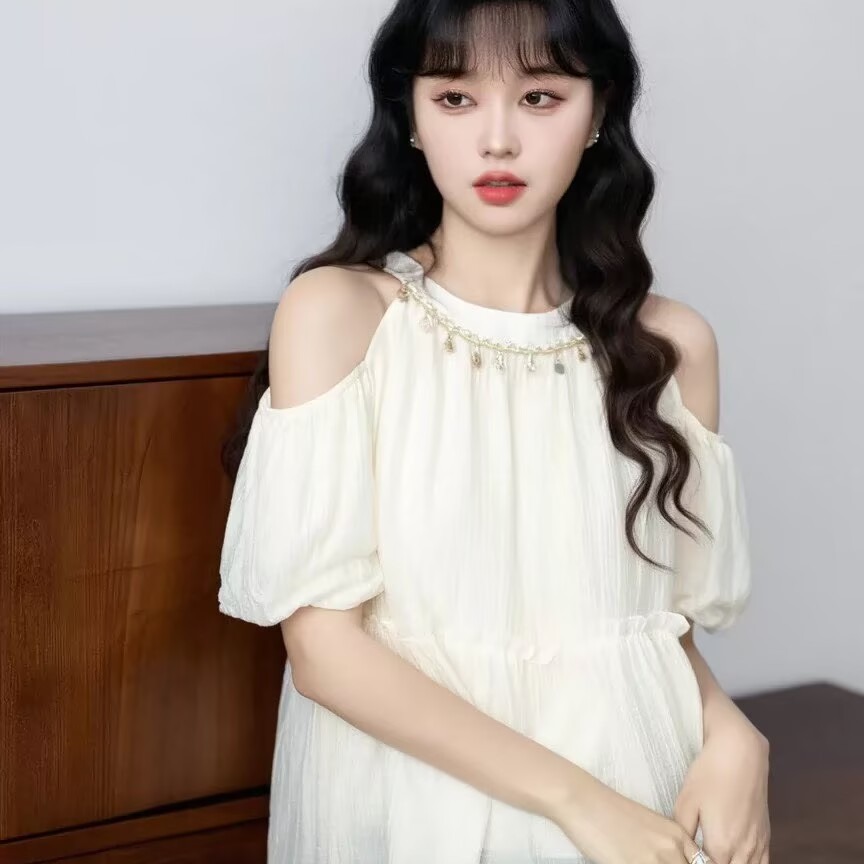 杏色露肩掛脖短袖襯衫女夏2026夏季新款法式泡泡袖娃娃衫襯衣上衣