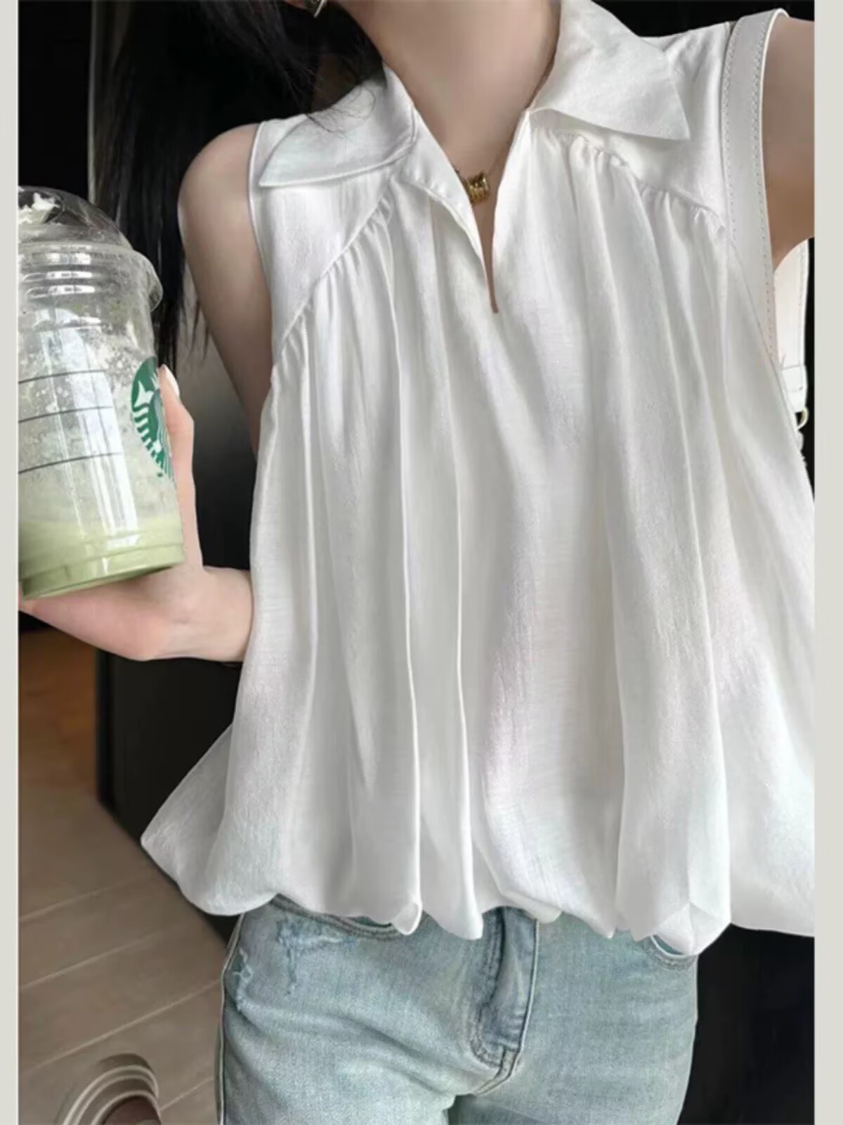 無袖V領背心襯衫女外穿夏2026大碼胖mm寬松遮肚子花苞上衣Polo衫