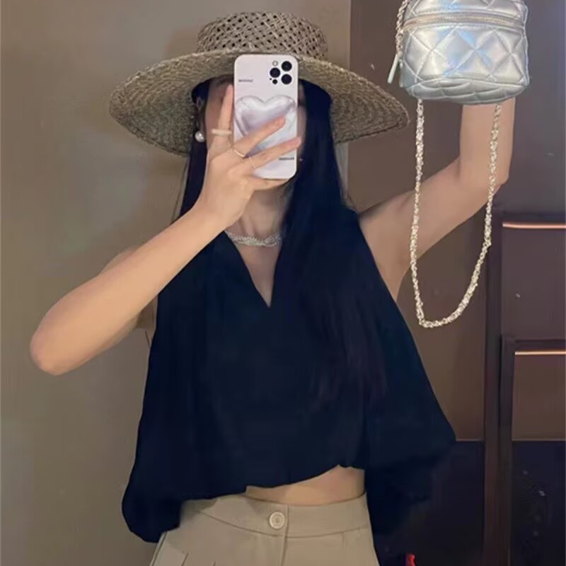 無袖V領背心襯衫女外穿夏2026大碼胖mm寬松遮肚子花苞上衣Polo衫