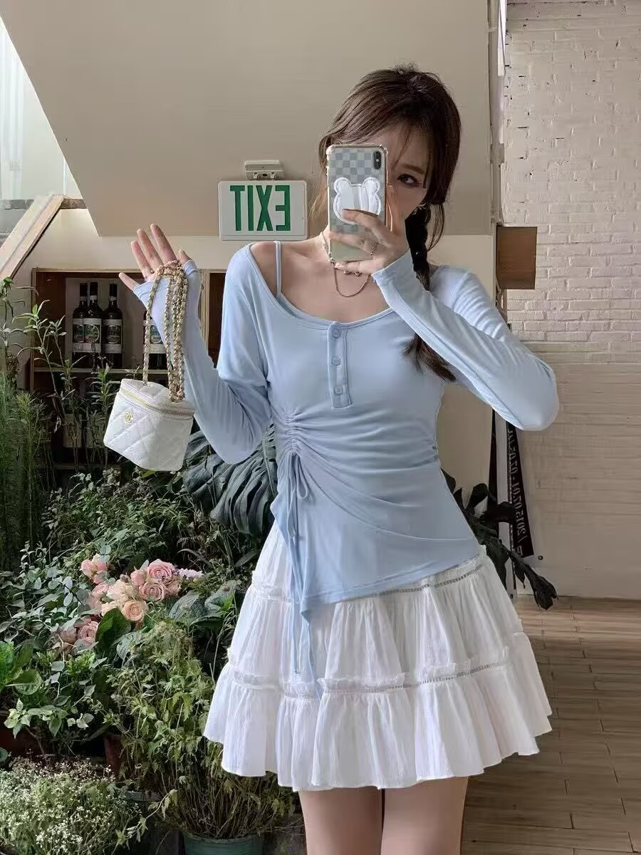 純欲辣妹圓領上衣女夏薄款防曬罩衫掛脖吊帶兩件套多巴胺獨特漂亮