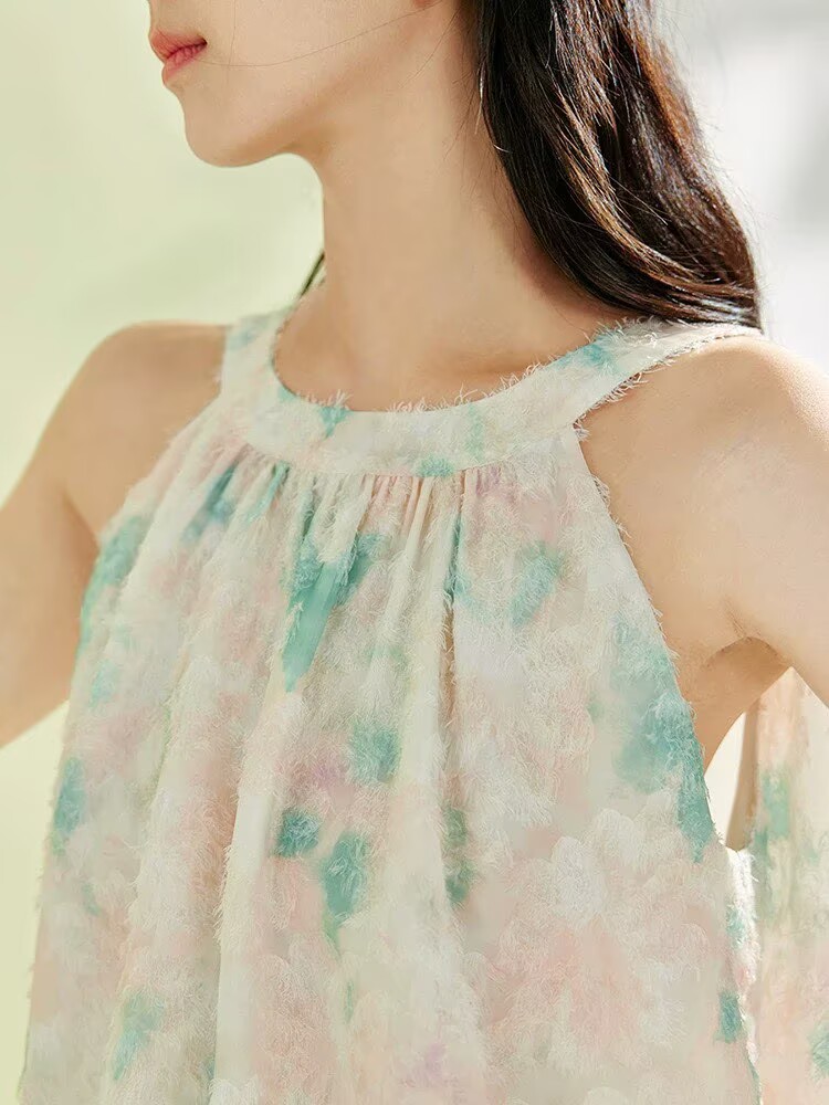 茵曼度假暈染蝴蝶印花掛脖襯衫女2026年夏季新款無袖A字顯瘦襯衣