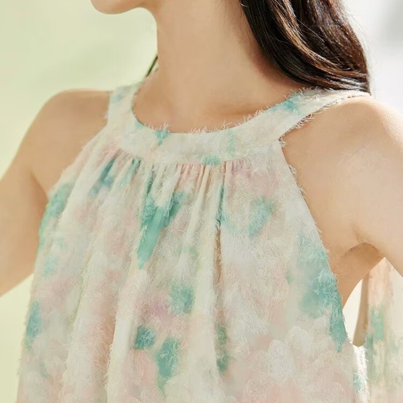 茵曼度假暈染蝴蝶印花掛脖襯衫女2026年夏季新款無袖A字顯瘦襯衣