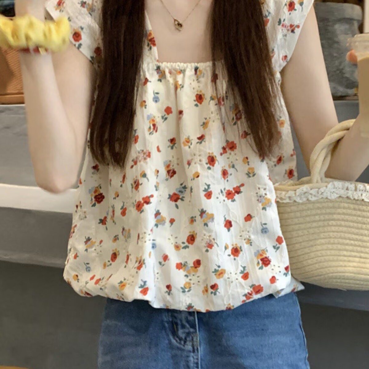 無袖方領碎花吊帶背心女夏季2026新款寬松顯瘦小個子短款外穿上衣