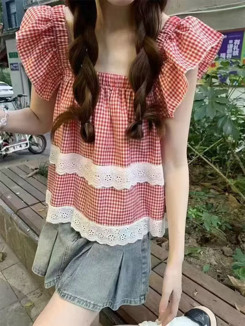 2026法式紅格子飛飛袖吊帶背心女夏外穿別致寬松露背短款無袖上衣