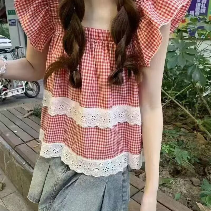 2026法式紅格子飛飛袖吊帶背心女夏外穿別致寬松露背短款無袖上衣