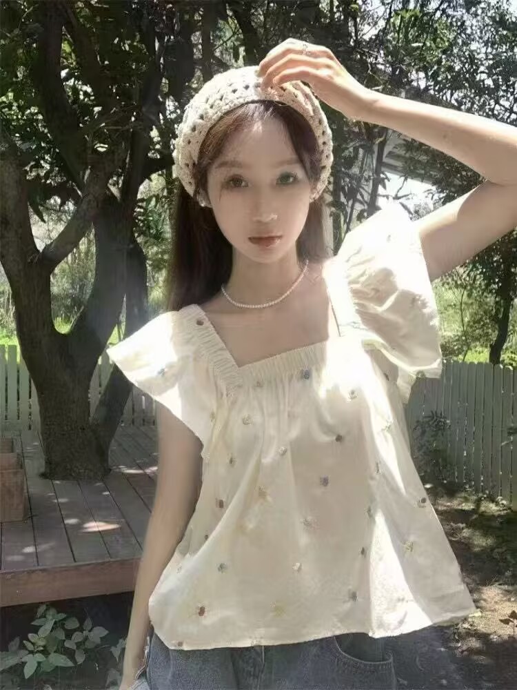 韓版2026年夏季文藝小清新十三行新款白色波點減齡小飛袖背心上衣