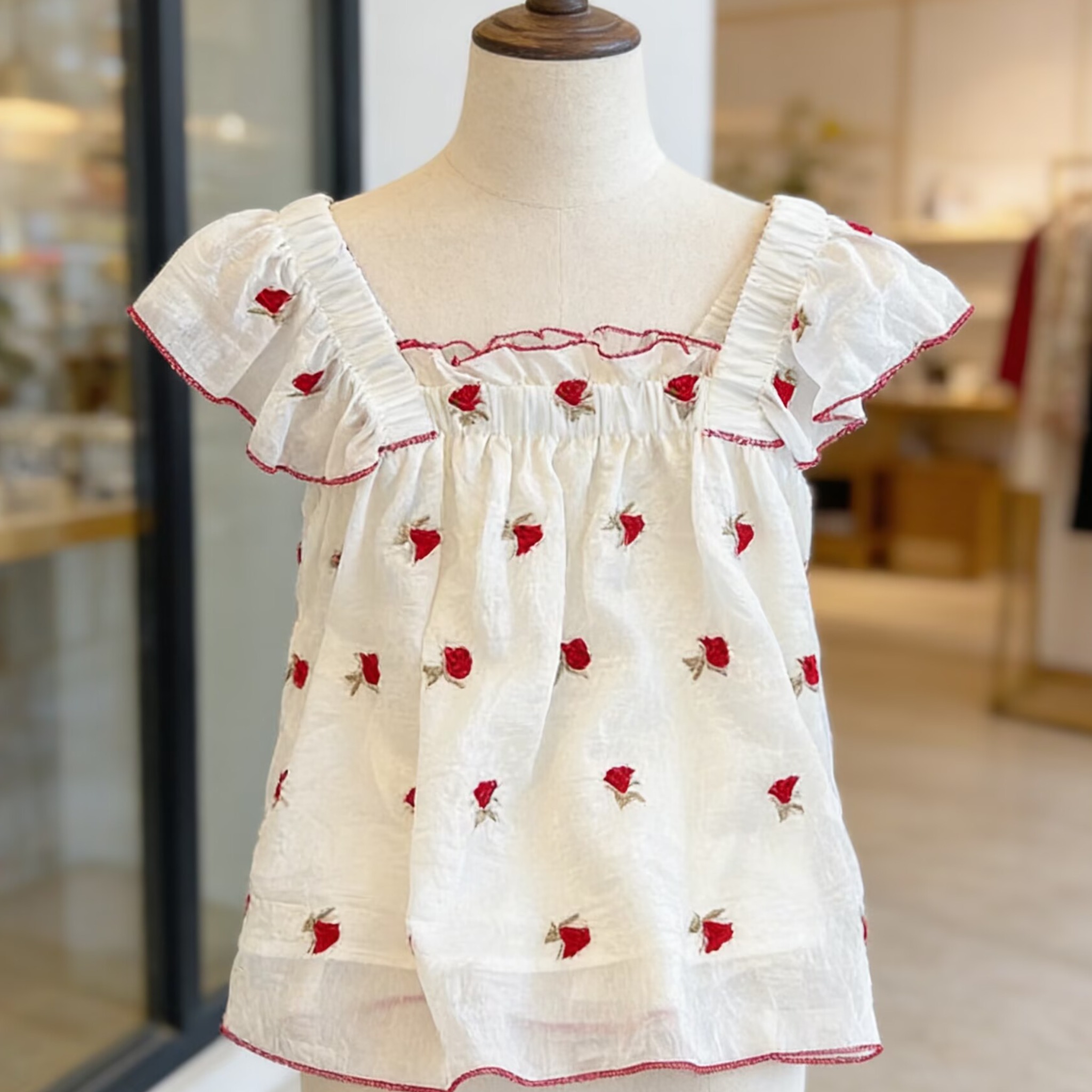 2026夏季新款刺繡復古紅色碎花娃娃衫方領小飛袖顯瘦背心