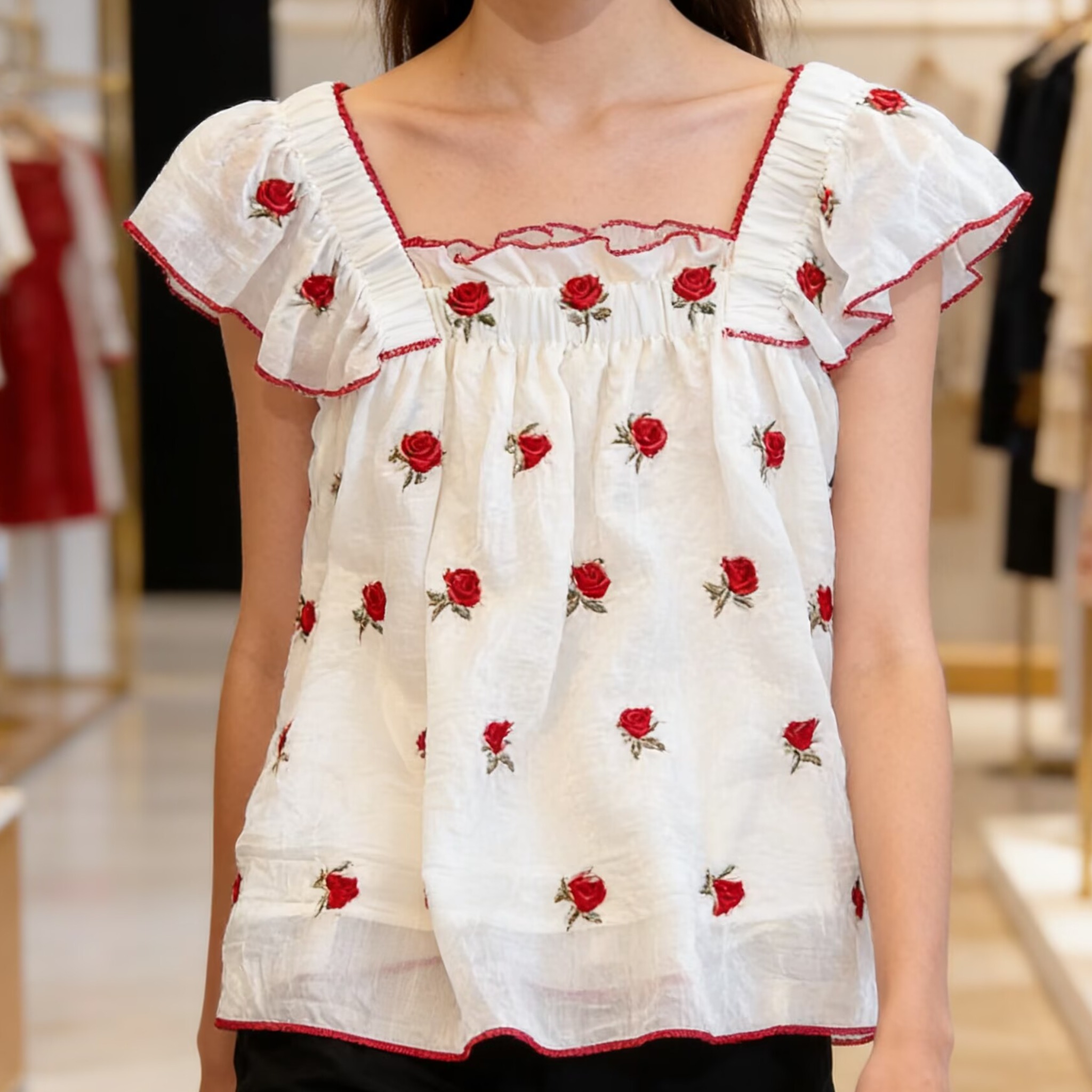 2026夏季新款刺繡復古紅色碎花娃娃衫方領小飛袖顯瘦背心