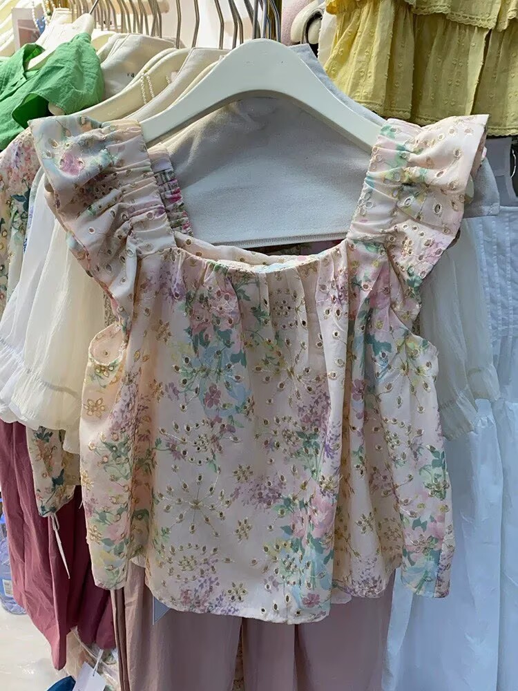 2026法式碎花小飛袖襯衫女夏季新款甜美寬松方領洋氣小衫減齡上衣