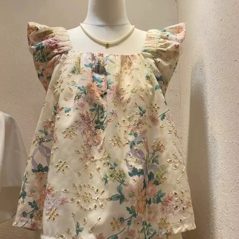 2026法式碎花小飛袖襯衫女夏季新款甜美寬松方領洋氣小衫減齡上衣