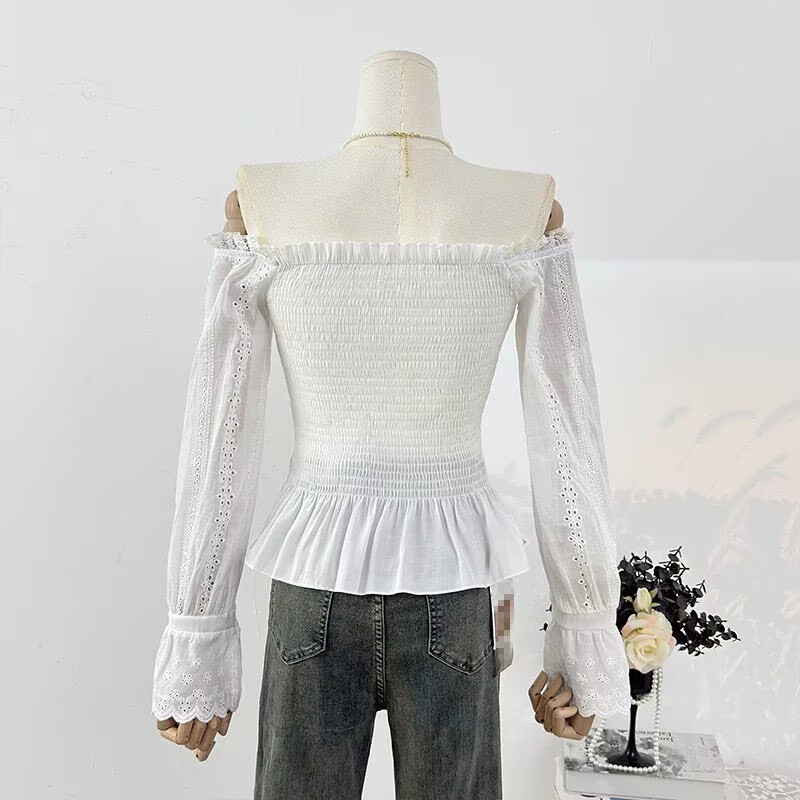 韓系木耳邊一字肩刺繡鏤空長袖襯衫女春2026蕾絲拼接收腰顯瘦上衣