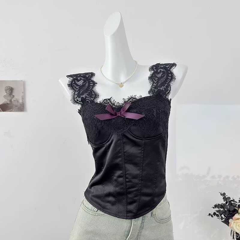 法式純欲風蝴蝶結蕾絲吊帶背心女夏2026性感露背修身顯瘦短款上衣