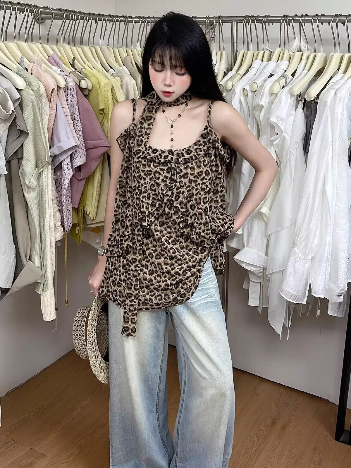 韓國東大門2026夏季新款時髦洋氣百搭寬松顯瘦豹紋吊帶背心上衣女