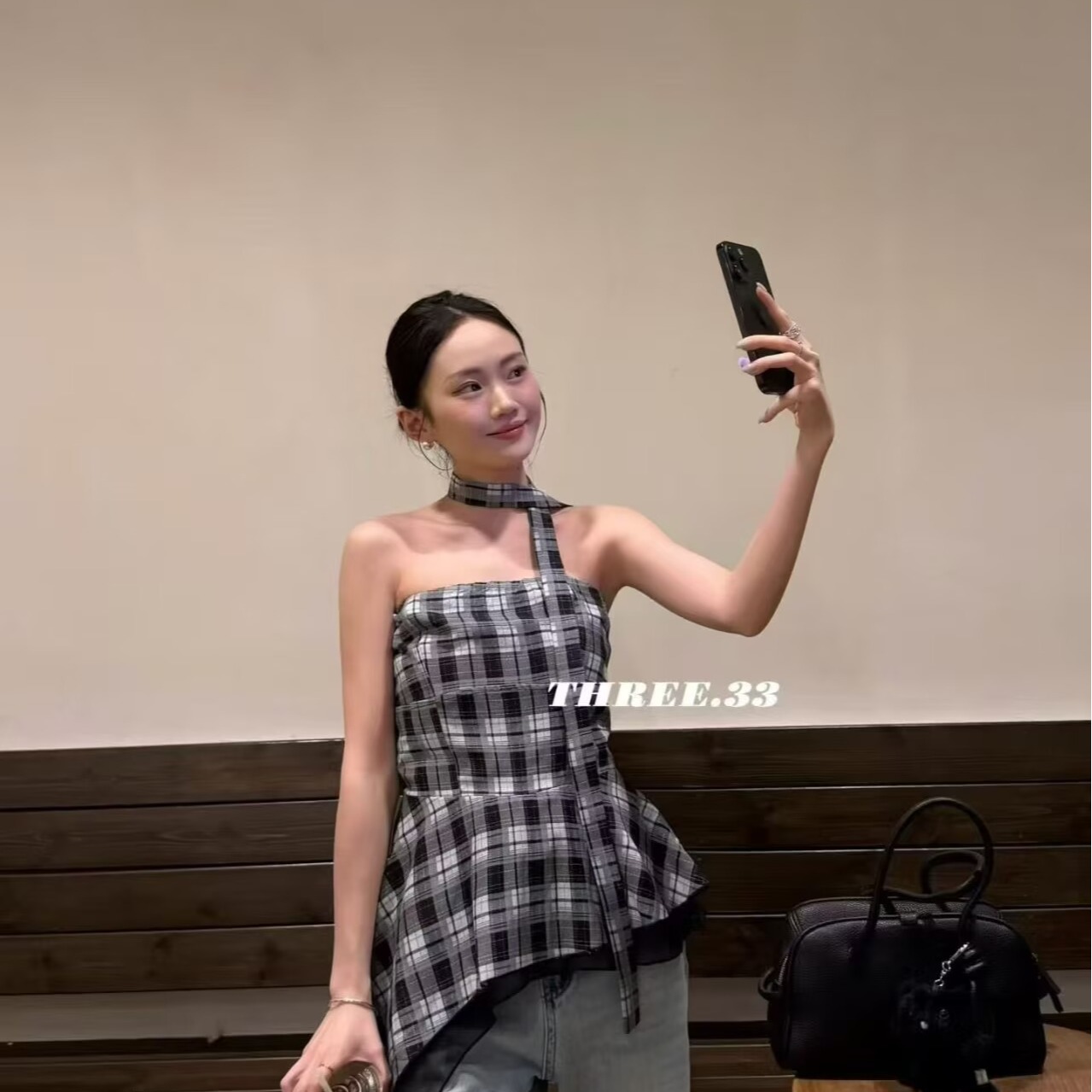 2026辣妹藍色格子抹胸女夏季新款別致好看露肩無袖不規則外穿上衣