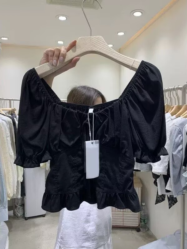 2026純欲風一字肩抽繩露肩短袖襯衫女夏季新款收腰荷葉邊小衫