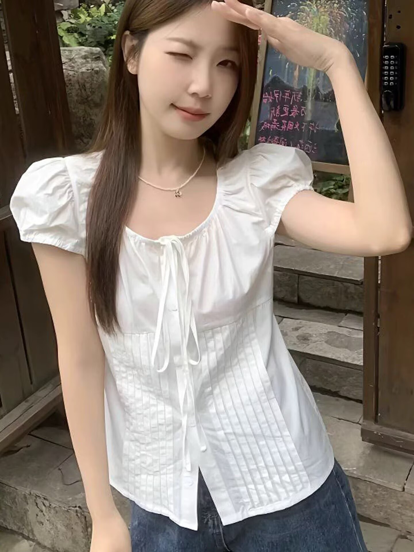 2026韓國夏季甜美圓領蝴蝶結系帶收腰泡泡短袖襯衫純棉上衣女