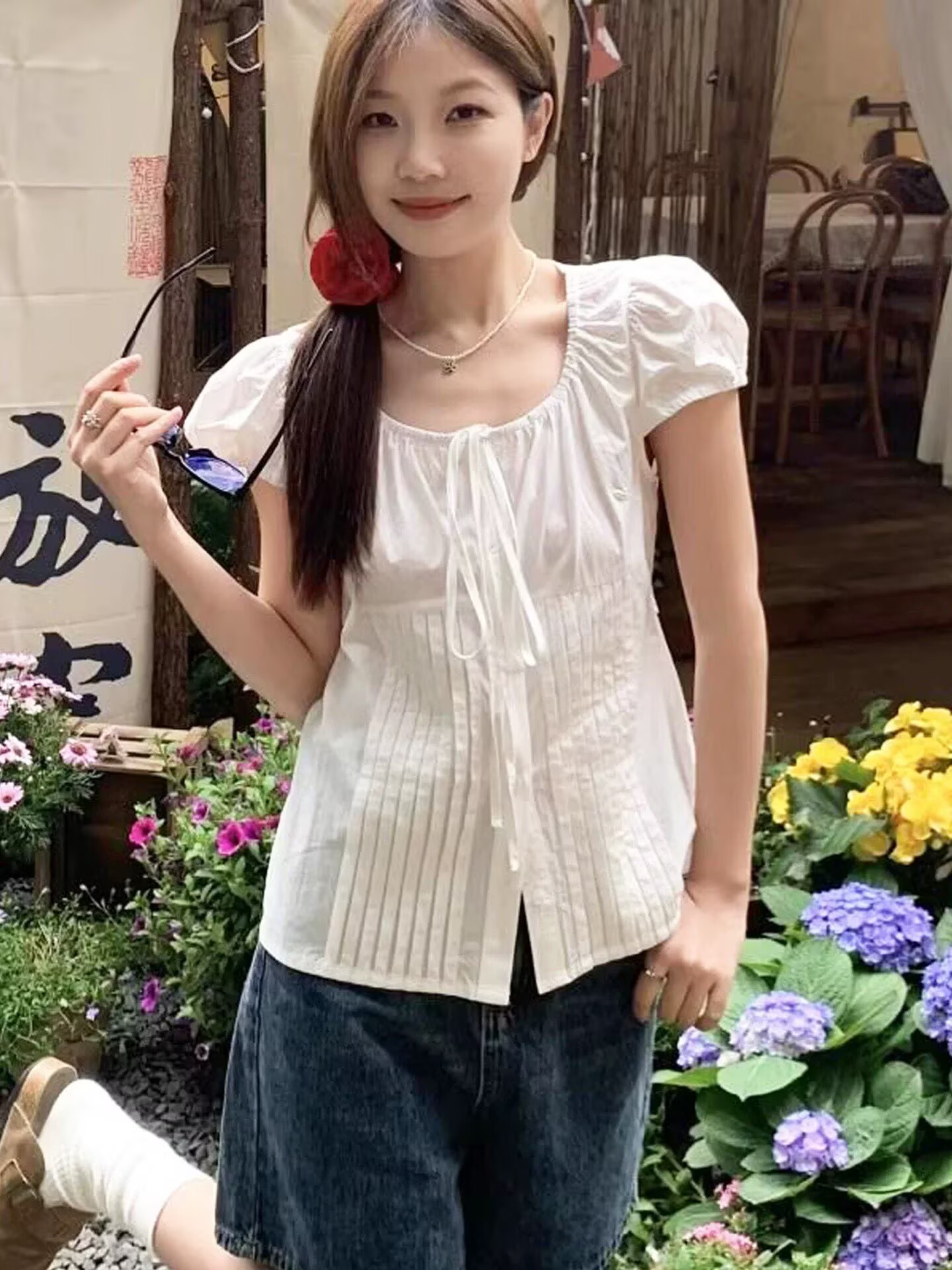 2026韓國夏季甜美圓領蝴蝶結系帶收腰泡泡短袖襯衫純棉上衣女