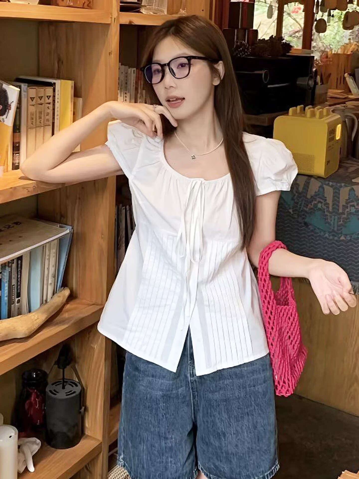 2026韓國夏季甜美圓領蝴蝶結系帶收腰泡泡短袖襯衫純棉上衣女