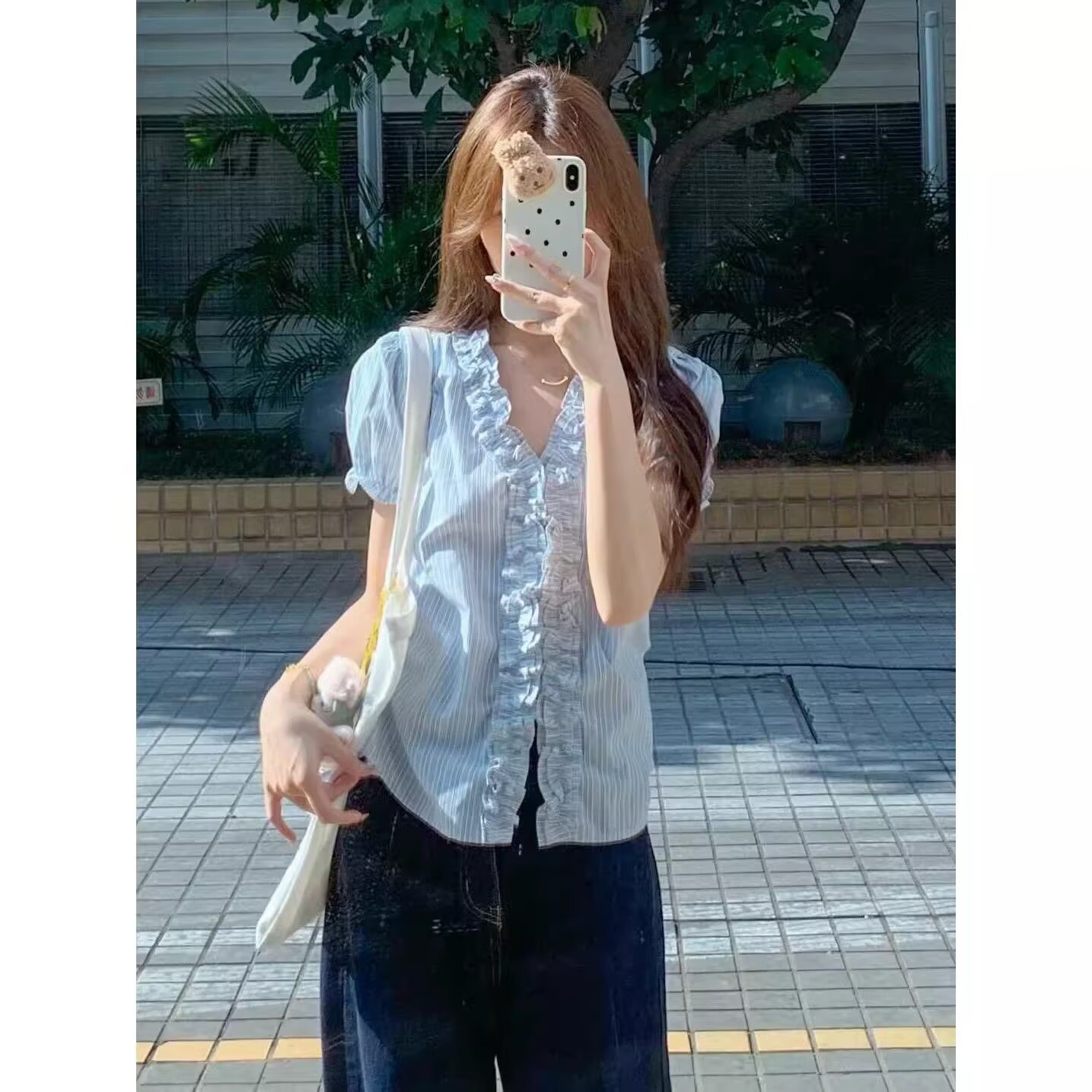 2026甜美短袖襯衫女夏季條紋木耳邊v領襯衣開衫修身泡泡袖上衣