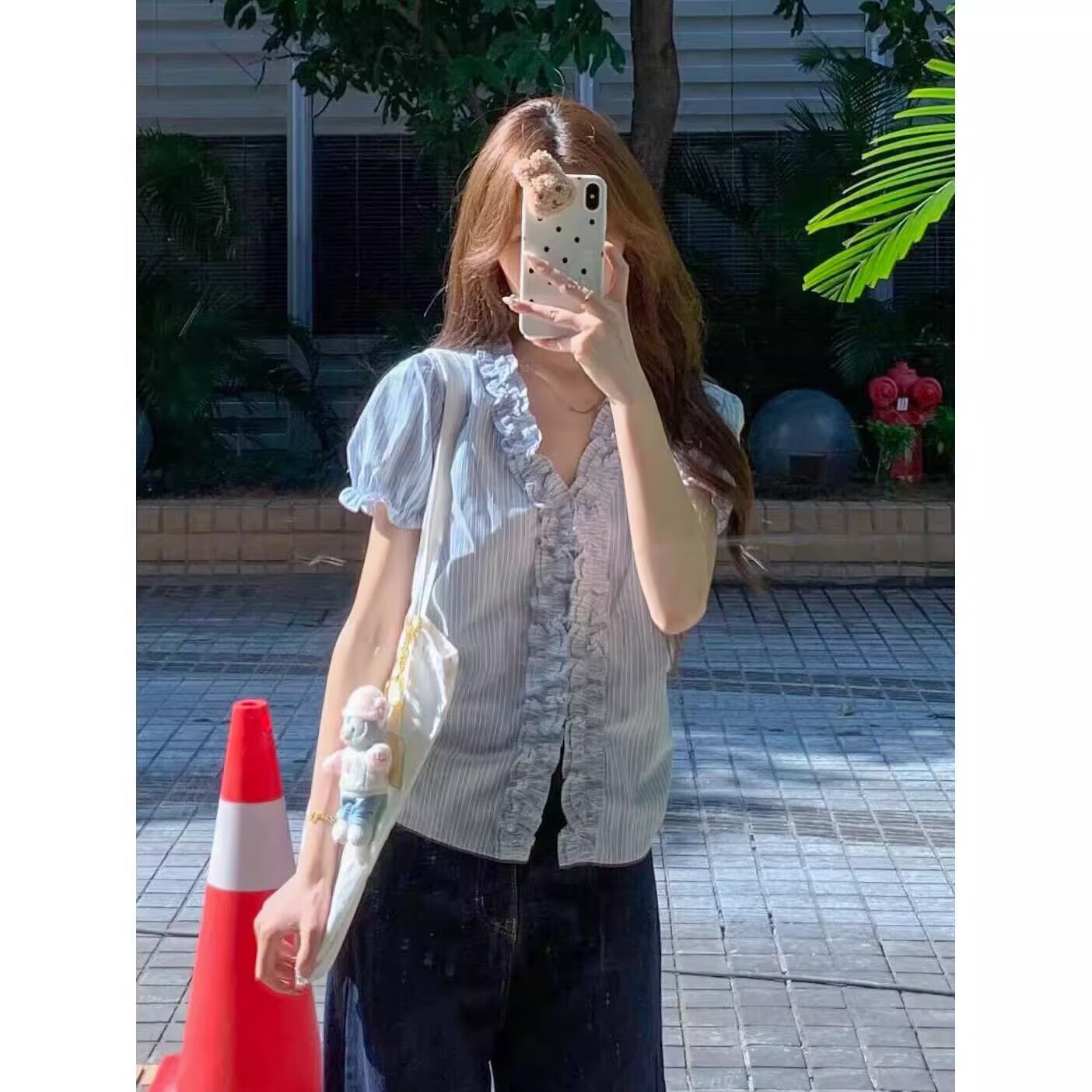 2026甜美短袖襯衫女夏季條紋木耳邊v領襯衣開衫修身泡泡袖上衣