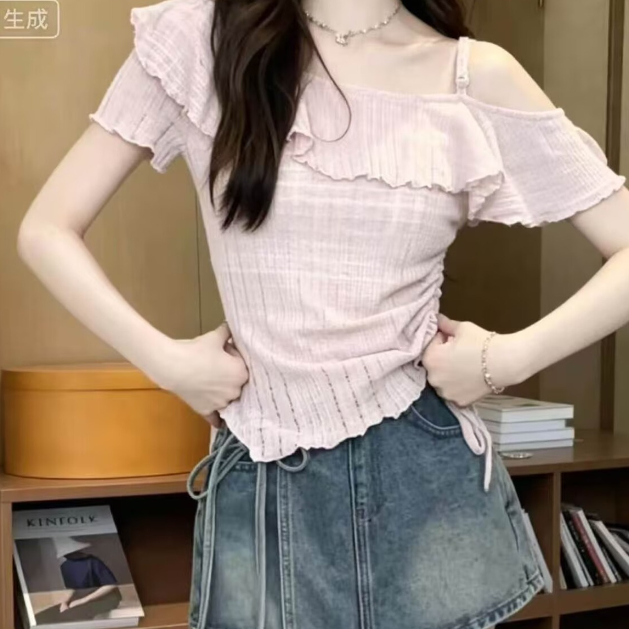 不規則荷葉邊斜肩短袖T恤女2026夏季修身顯瘦收腰露肩掐腰短上衣
