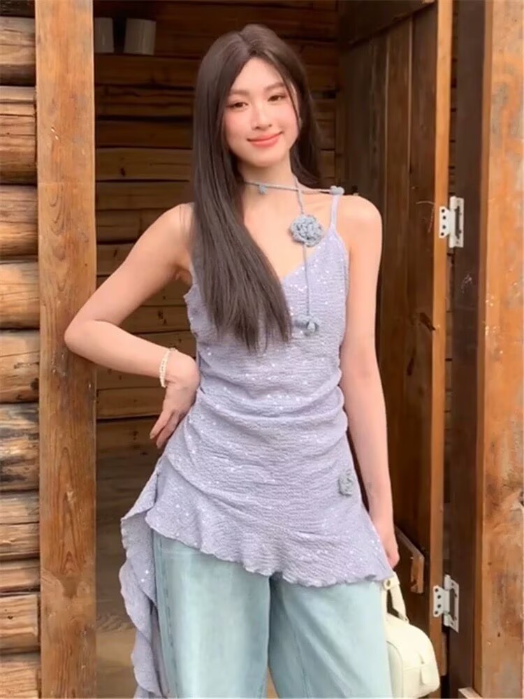 設計感不規則立體花朵吊帶背心女夏季2026荷葉邊飄帶收腰顯瘦上衣