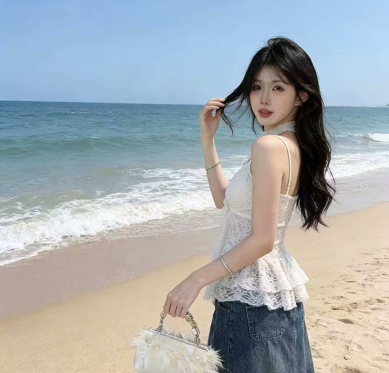 2026夏季新款女裝時尚套裝v領蕾絲花邊吊帶絲帶上衣春夏秋裝