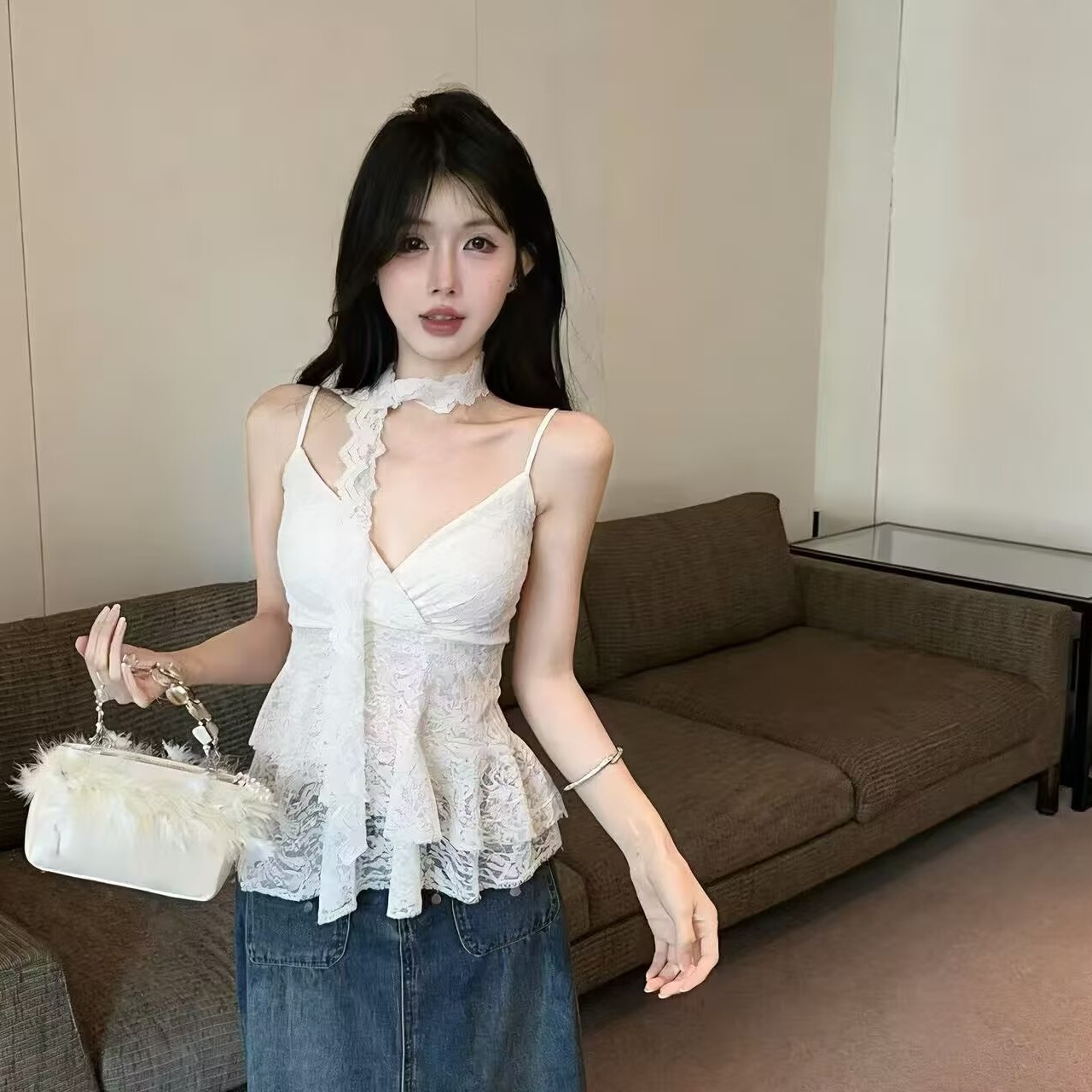 2026夏季新款女裝時尚套裝v領蕾絲花邊吊帶絲帶上衣春夏秋裝
