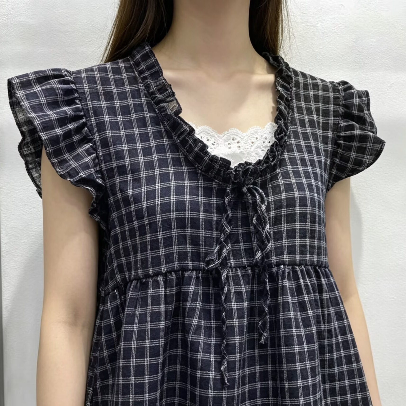 蕾絲下擺小飛袖格子襯衫大碼胖mm夏季洋氣減齡假兩件娃娃衫上衣女