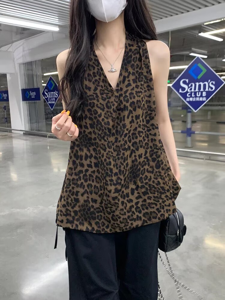 復古豹紋露背掛脖背心女2026夏季新款時尚辣妹風氣質V領吊帶上衣