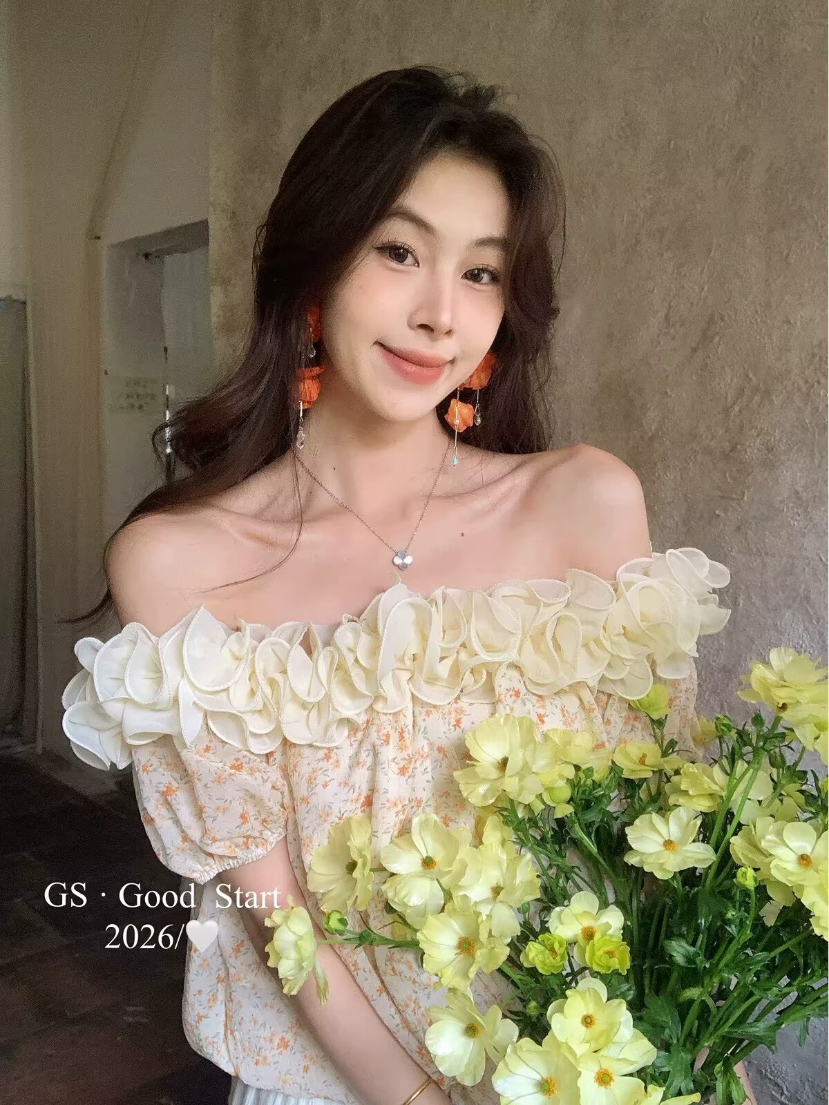 Good Start韓國東大門女裝2026夏新款一字領花苞碎花短袖上衣女