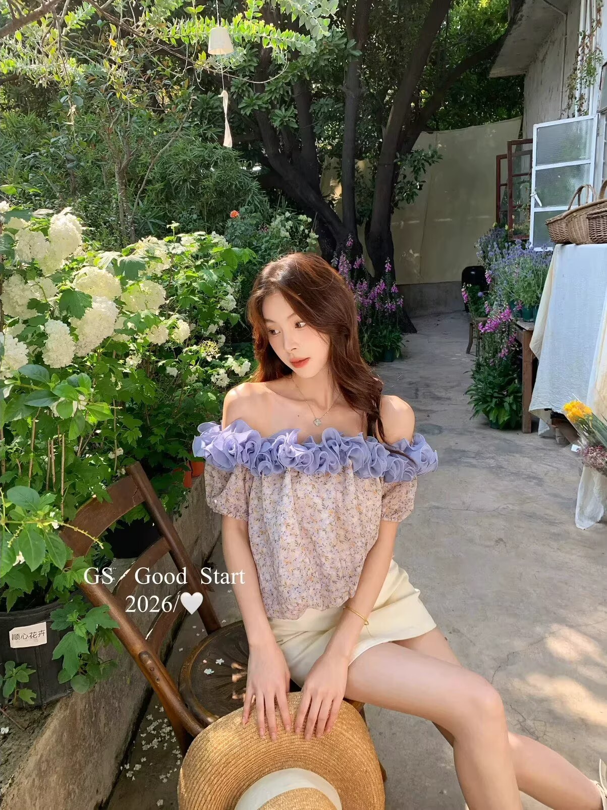 Good Start韓國東大門女裝2026夏新款一字領花苞碎花短袖上衣女