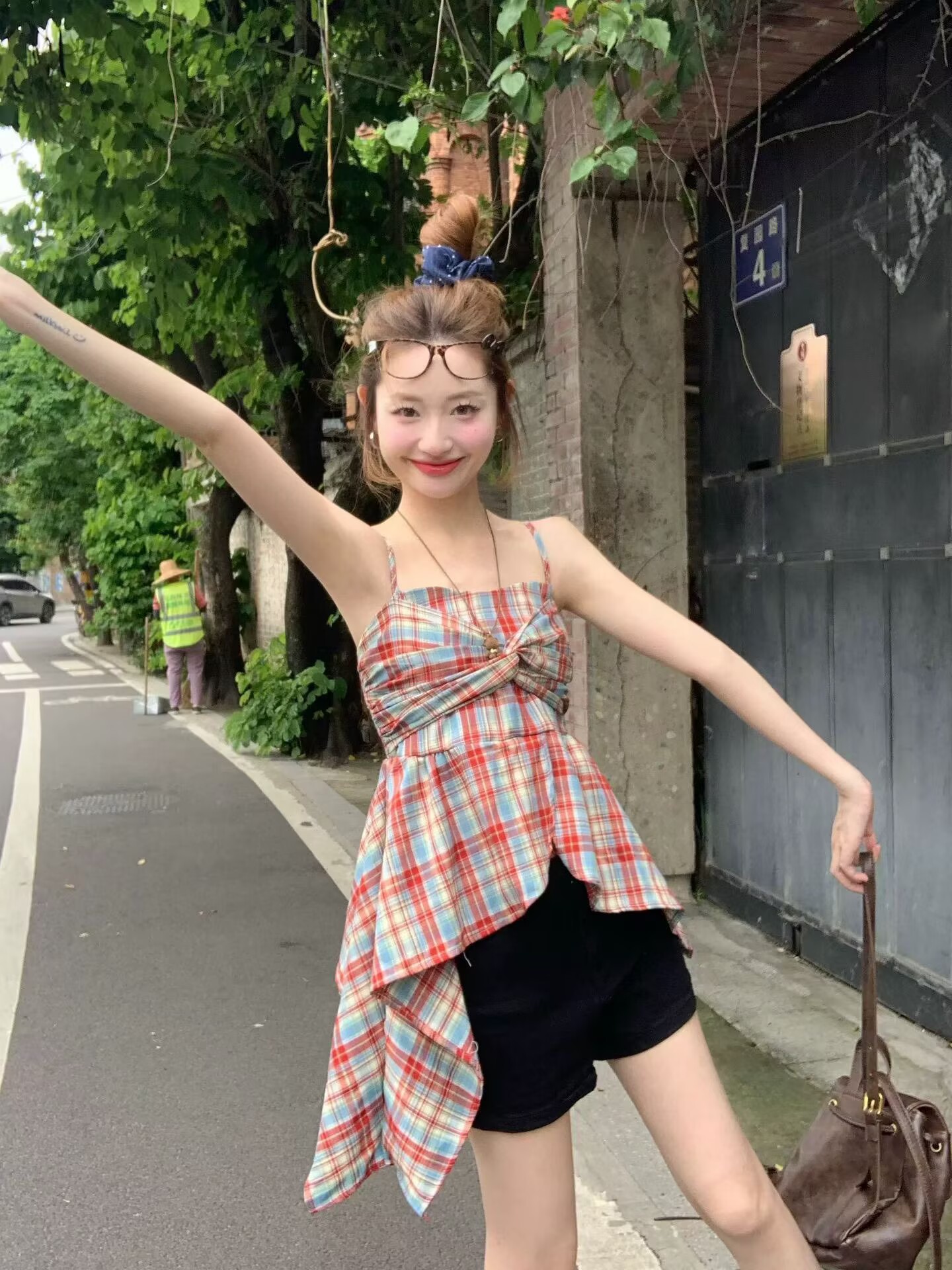 2026小眾上衣裙子式上衣出游氛圍感穿搭拍照上鏡衣服撞色格子