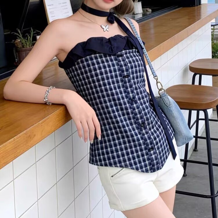 2026風格紋無袖抹胸背心女夏季新款獨特設計感拼接荷葉邊露肩上衣