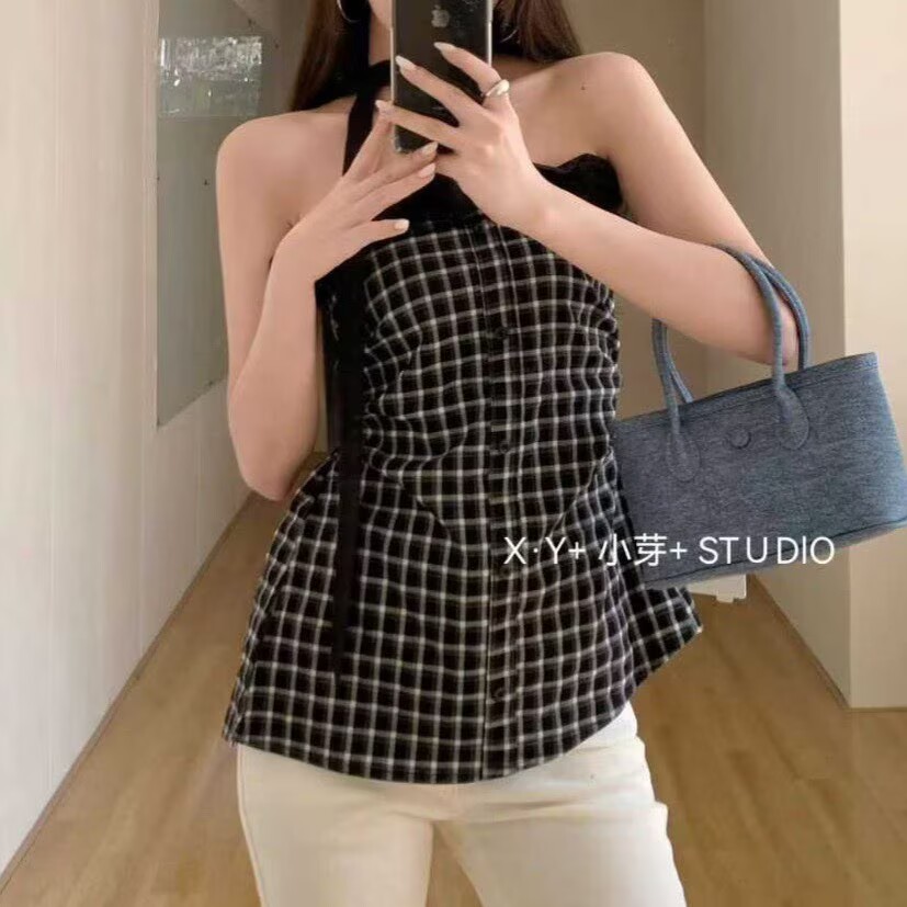 2026風格紋無袖抹胸背心女夏季新款獨特設計感拼接荷葉邊露肩上衣