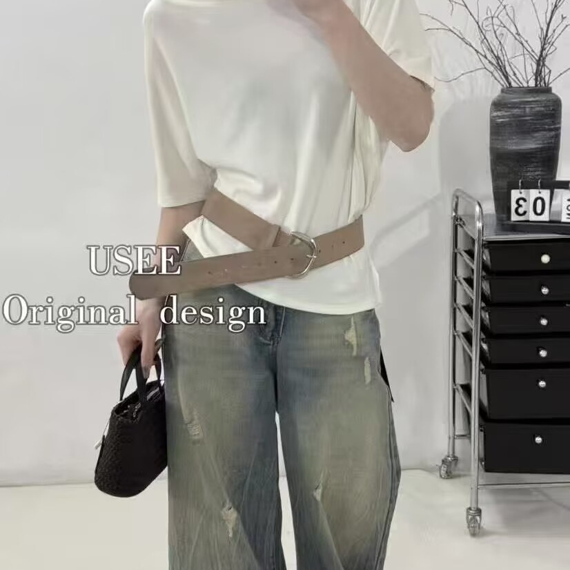 十三行2026夏裝新款斜領露肩寬松短袖T恤女不規則小眾上衣配腰帶