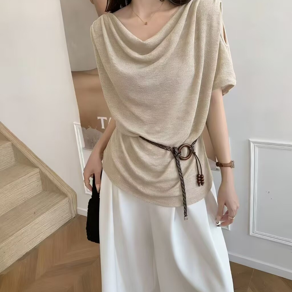 韓系慵懶風氣質蕩領短袖T恤女夏季新款休閑百搭寬松遮肉上衣2026
