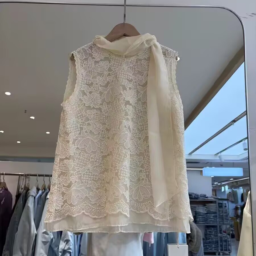 2026法式蕾絲提花刺繡假兩件背心小衫女夏新款甜美上衣