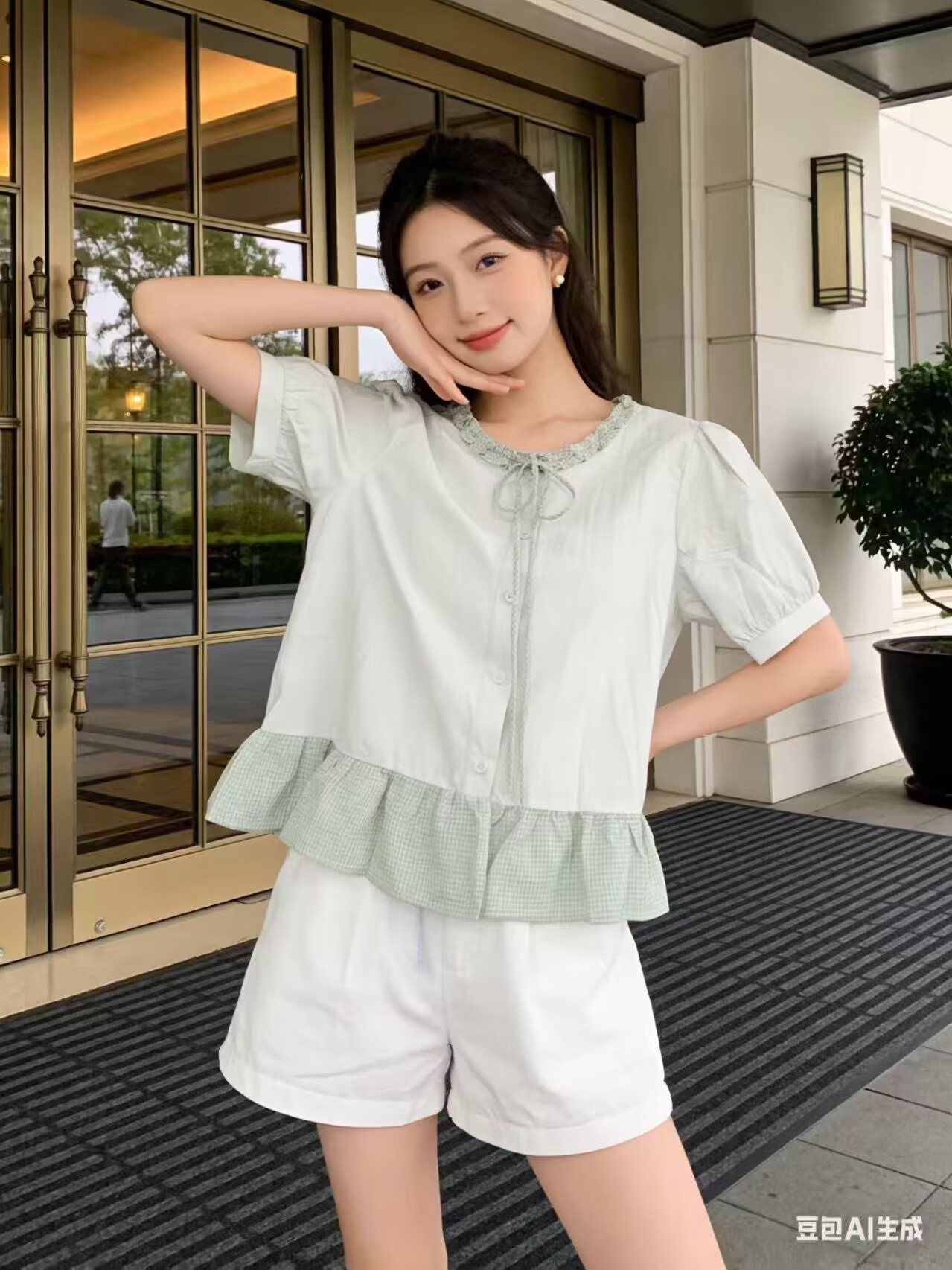 綠色圓領泡泡袖襯衫女夏2026夏季新款荷葉邊短袖娃娃衫襯衣短上衣